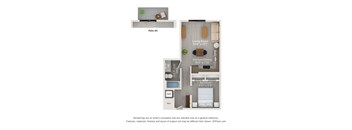A floor plan of a small apartment with a living room, kitchen, and bedroom.