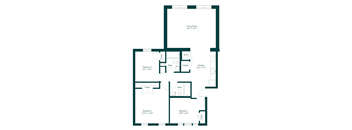 A floor plan of a house with a living room, three bedrooms, a kitchen, and a bathroom.