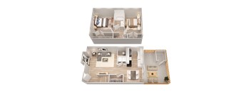 a stylized view of a 1 bedroom and a 2 bedroom floor plan