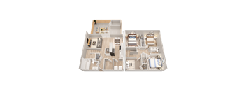 two views of a 3d floor plan of a 2100 sq ft apartment