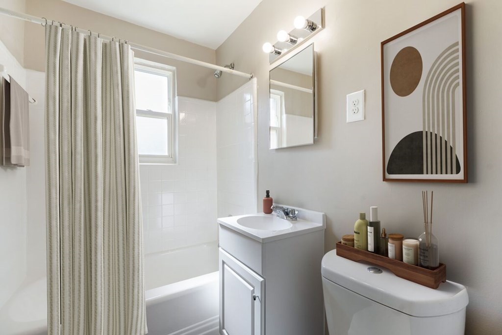 A bathroom with a white toilet, a white sink, a white bathtub, a mirror, and a picture on the wall.