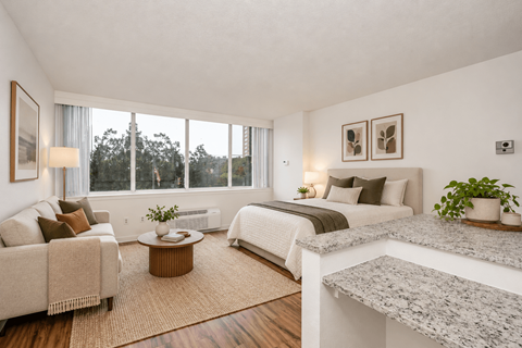 A well-lit bedroom with a large bed, a couch, and a coffee table.