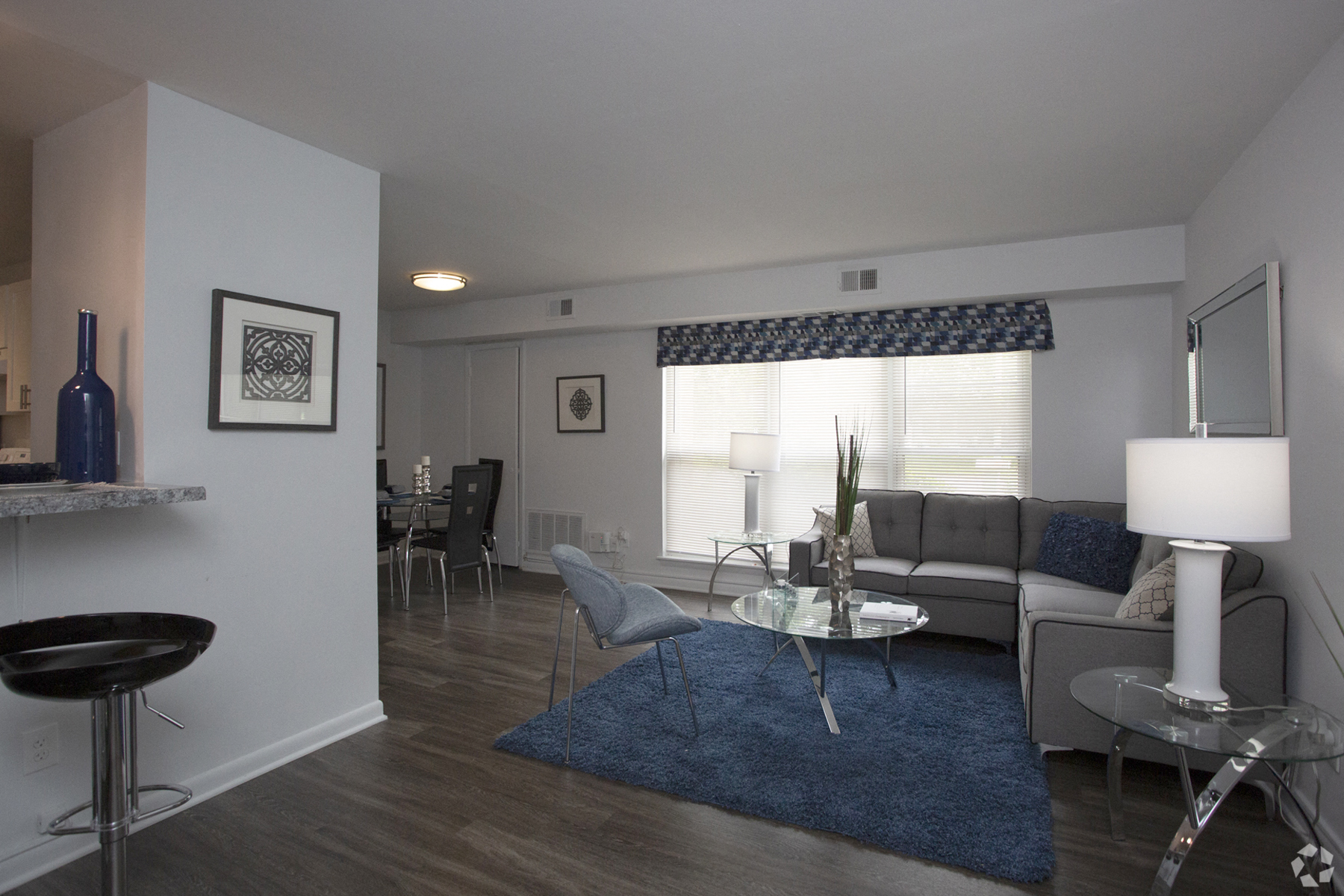 a living room with a blue rug and a couch