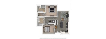 A floor plan of a house with a kitchen, living room, and bathroom.