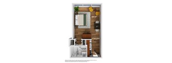 A floor plan of a small apartment with a living room, kitchen, and bathroom.