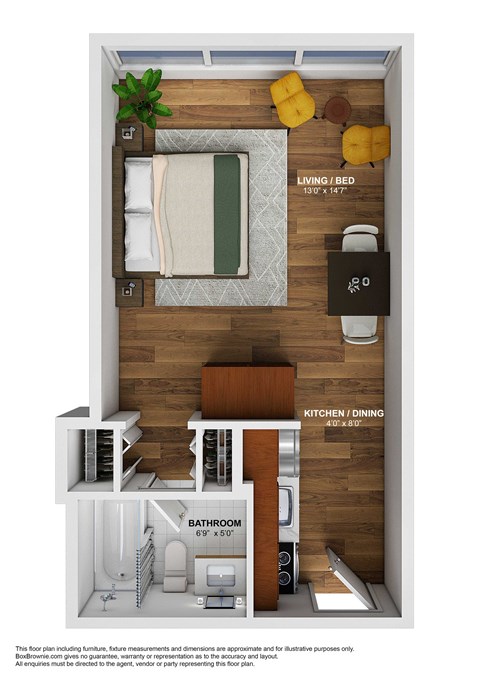 A floor plan of a small apartment with a living room, kitchen, and bathroom.