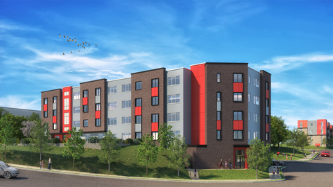 a rendering of an apartment building on a street corner