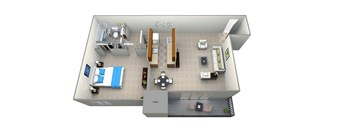 A 3D floor plan of a small apartment with a kitchen, living room, and bathroom.