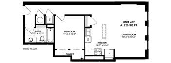 a floor plan of a small house with a kitchen and a living room