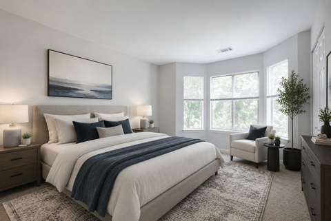 A bedroom with a large bed, a chair, and a painting on the wall.