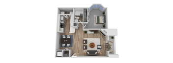 A top-down view of a house layout with a living room, kitchen, and bedrooms.