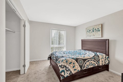 a bedroom with a bed and a closet