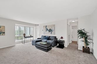 a living room with white walls and beige carpet