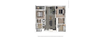 A floor plan of a house with a kitchen, living room, dining room, and bathrooms.