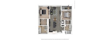 A 3D floor plan of a small apartment with a kitchen, living room, and bedroom.