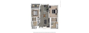 A floor plan of a house with a kitchen, living room, dining room, and bathrooms.