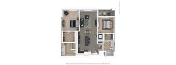 A floor plan of a two-bedroom apartment with a living room, kitchen, and bathroom.