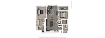 A floor plan of a house with a living room, kitchen, and two bedrooms.