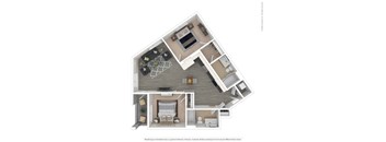 A 3D floor plan of a house showing a living room, kitchen, and two bedrooms.