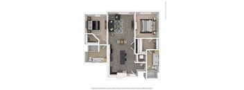 A floor plan of a two-bedroom apartment with a living room, kitchen, and bathroom.
