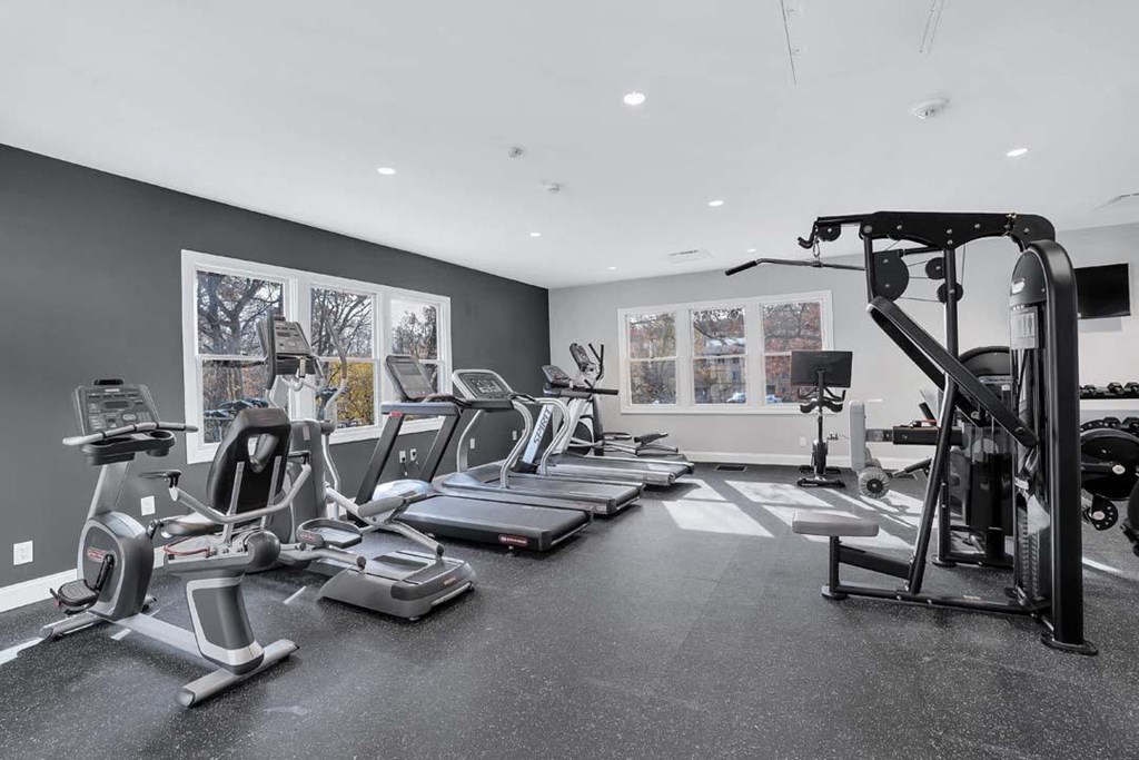 the gym is equipped with treadmills and other fitness equipment