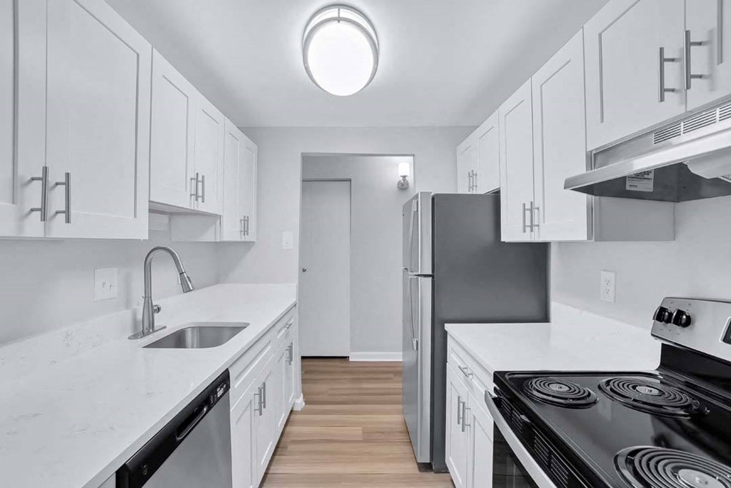 a white kitchen with a stove and a refrigerator