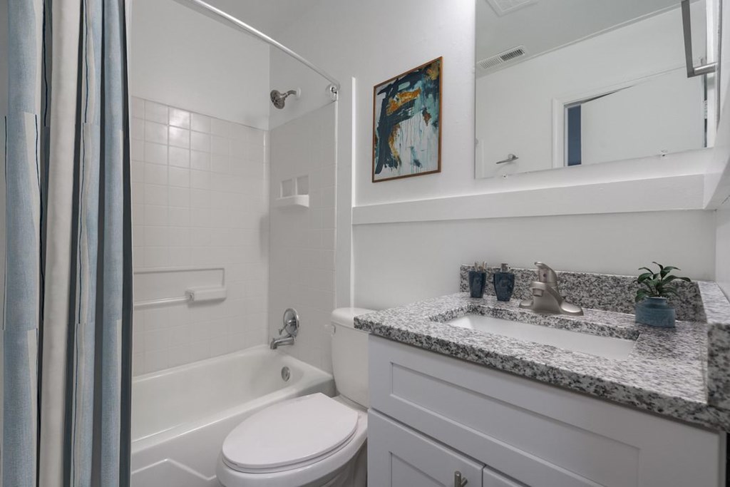 A bathroom with a white toilet and a marble countertop.