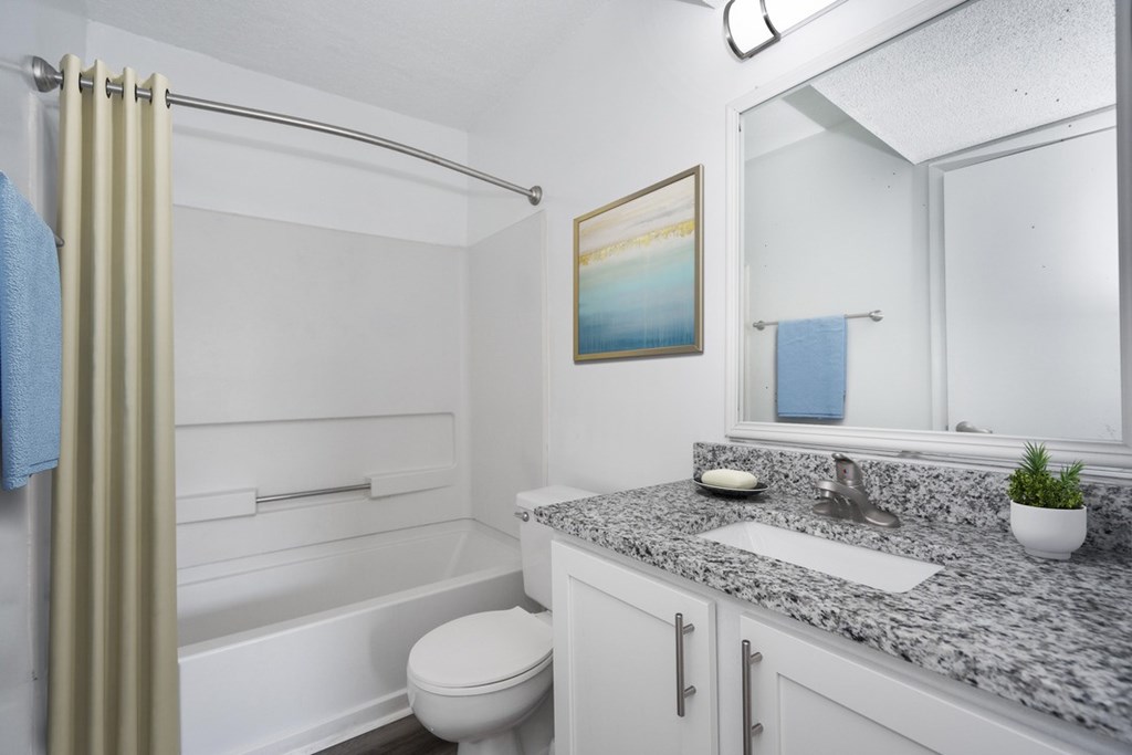 A bathroom with a toilet, sink, and a shower with a curtain.