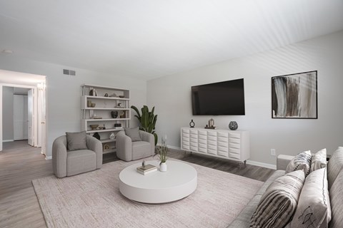 A living room with a grey sofa, a white coffee table, and a television on the wall.