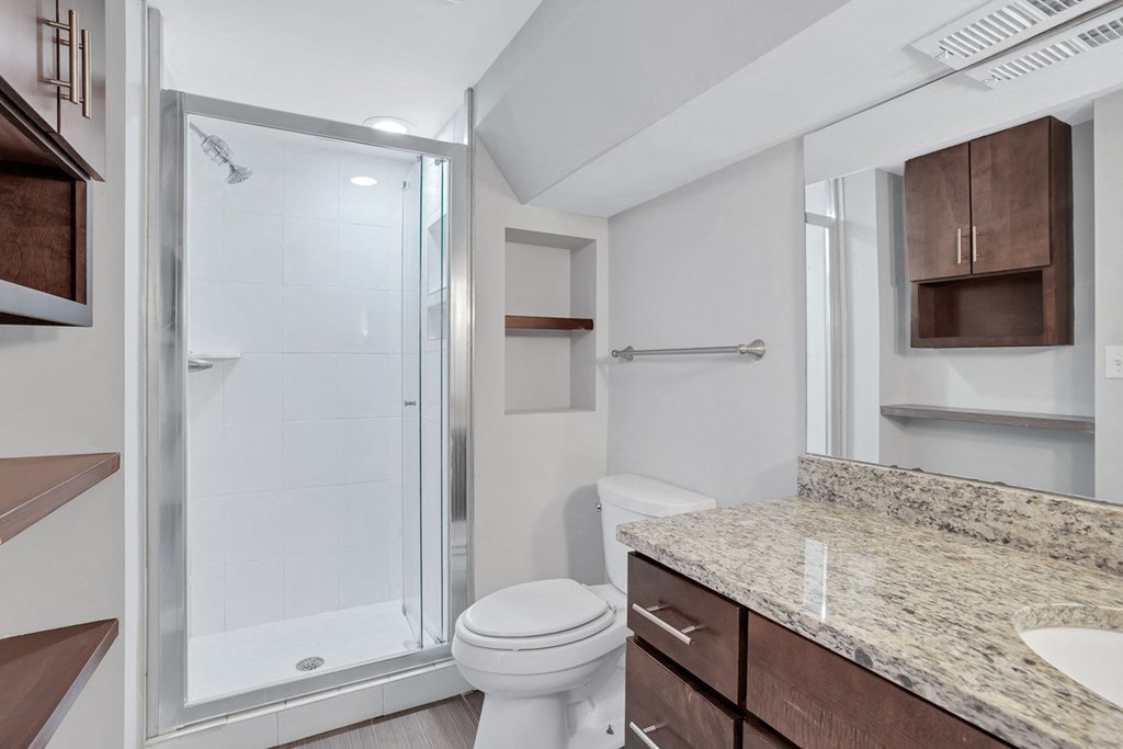 a bathroom with a shower and a sink and a toilet