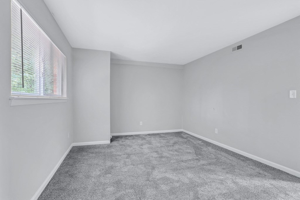an empty room with a window and carpet