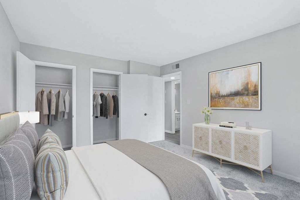 a bedroom with a bed and a closet