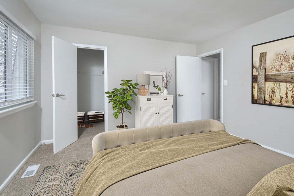 a bedroom with a bed and a closet