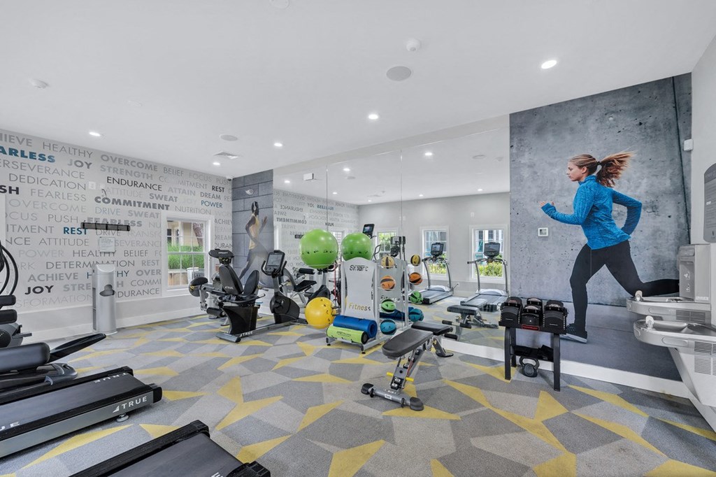a fitness center with designer carpet, mural of two runners, treadmills, free weights, and various workout equipment.