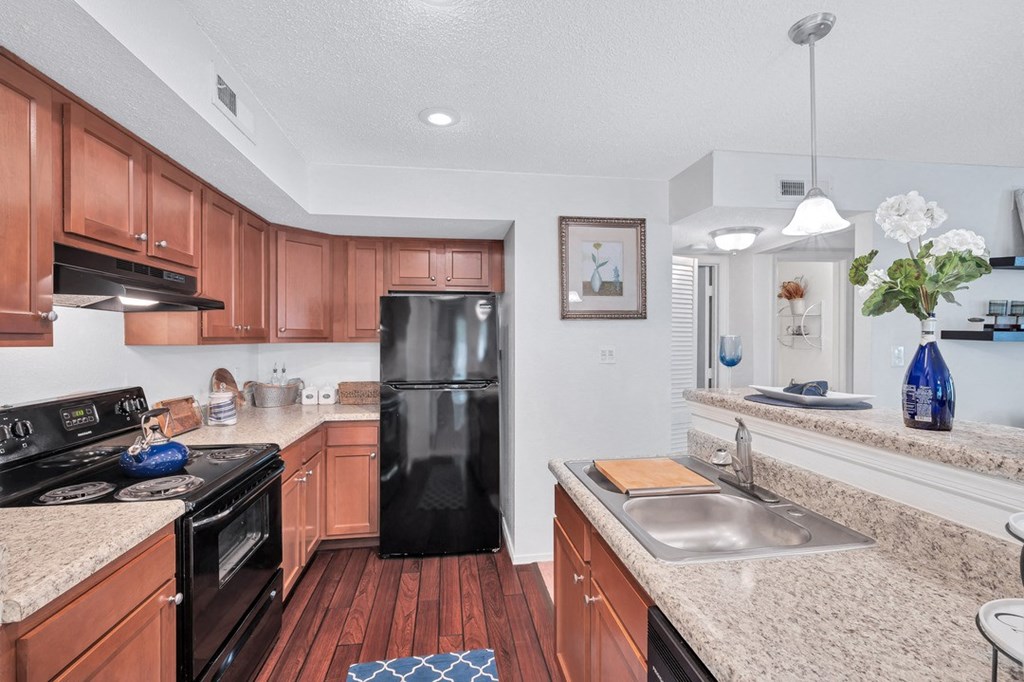 a kitchen with granite counter tops and a black refrigerator