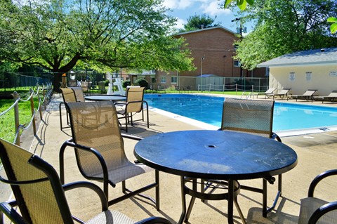 a patio with a swimming pool and a table