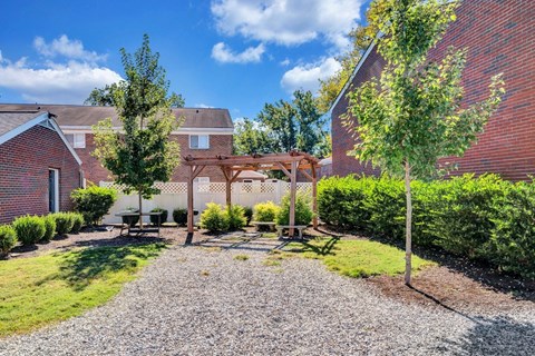 the backyard with a picnic table and a pergola