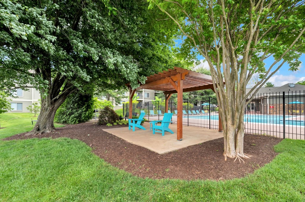 The pergola with adirondack seating at Waterside at Reston.