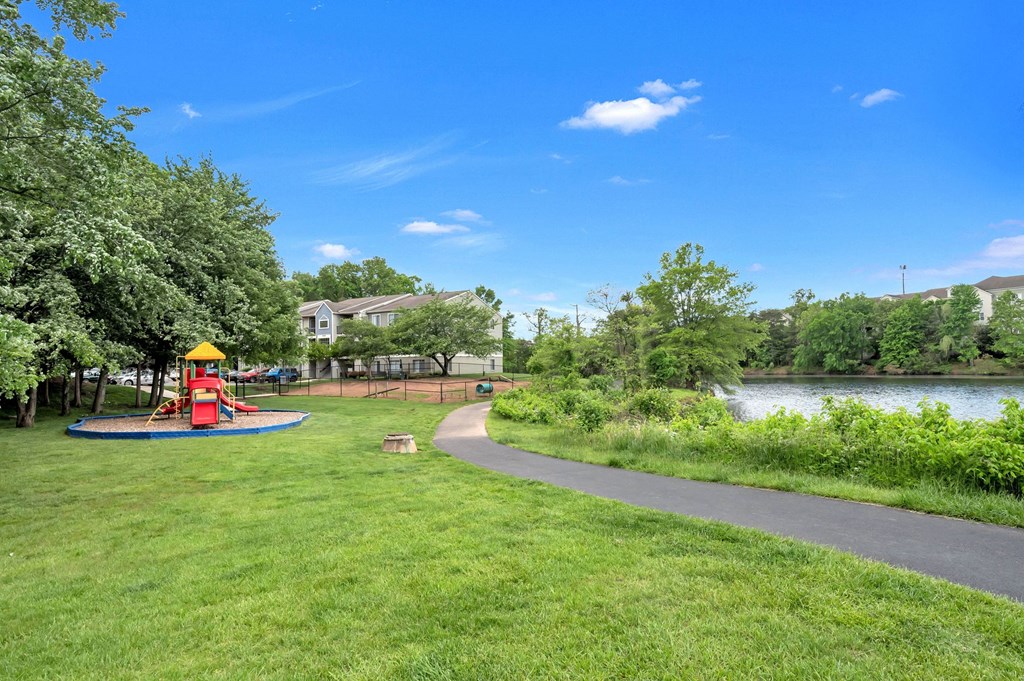 Views of the lake, playground and dog park at Waterside at Reston.