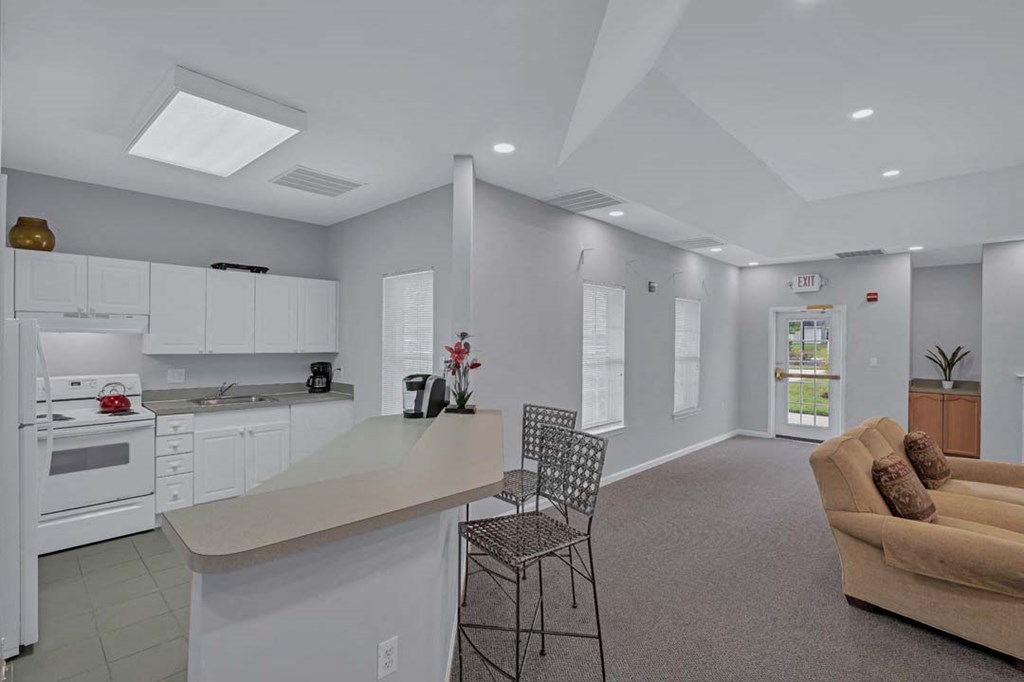 a living room with a kitchen and a couch