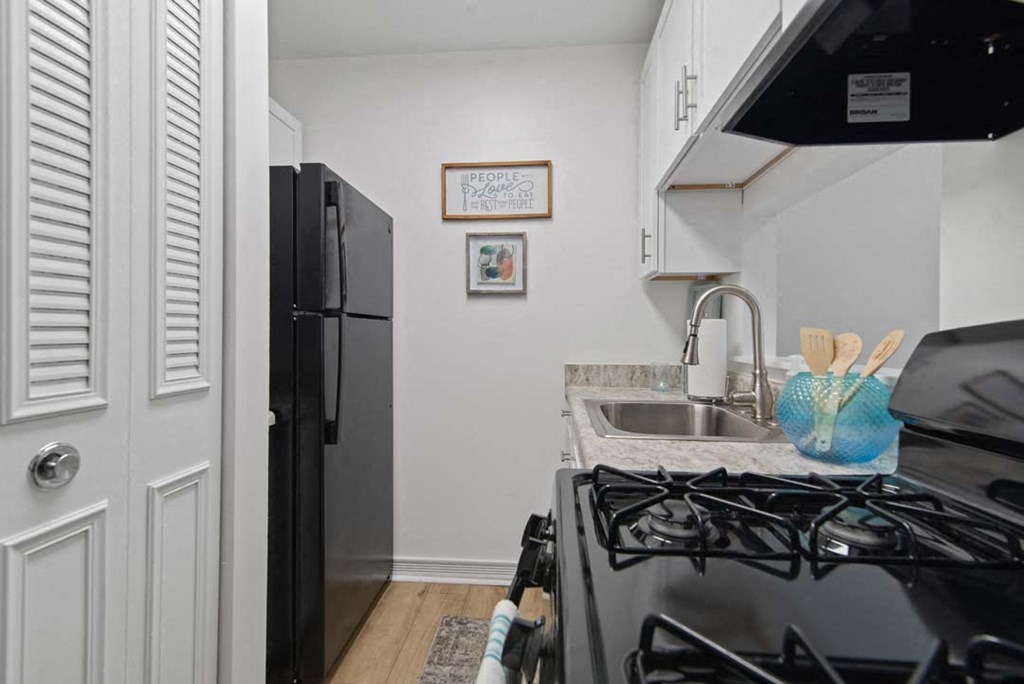 a kitchen with a stove and a refrigerator next to a sink