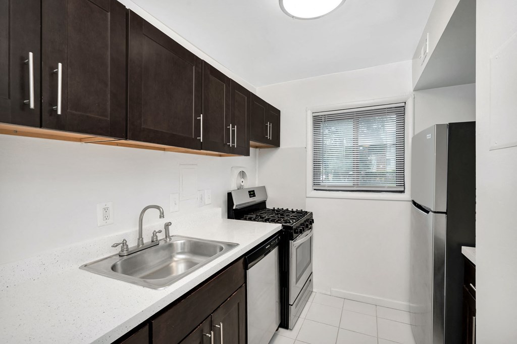a kitchen with a sink and a stove and a window