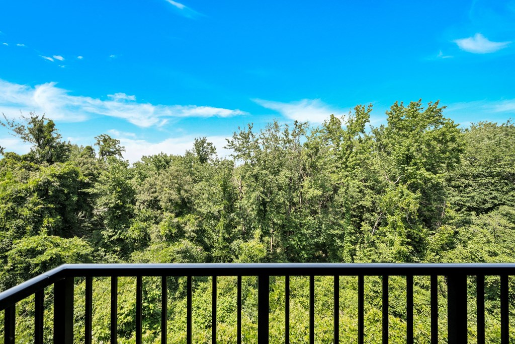 a balcony with a view of trees and a blue sky