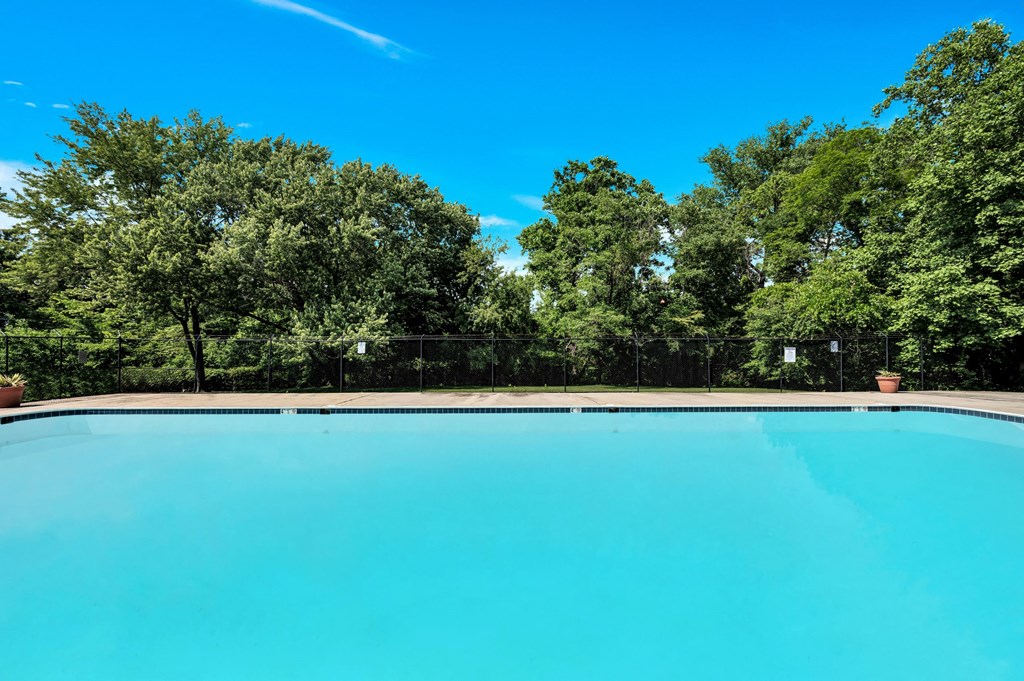 a swimming pool with trees in the background and a blue sky