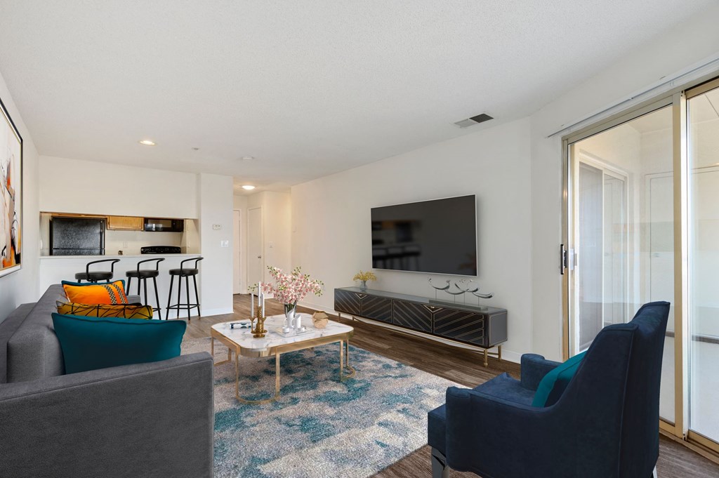 a living room with a couch and a coffee table and a television