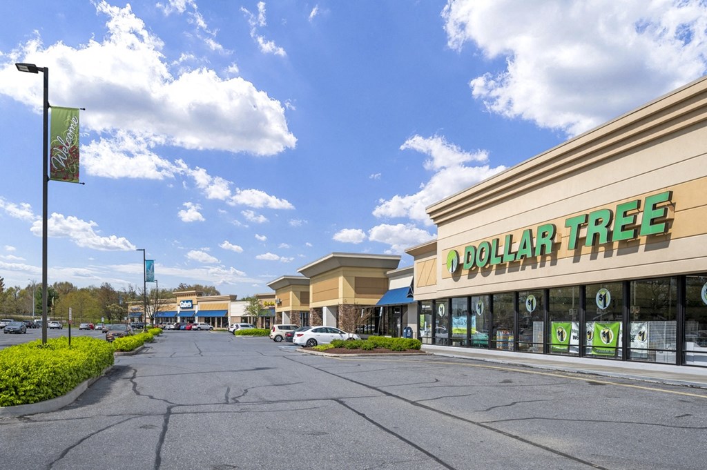 a retail store with a sign that reads dollar tree on the side of a road