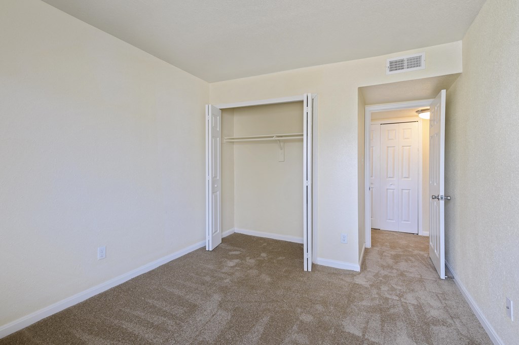 an empty bedroom with a closet and a door to a closet