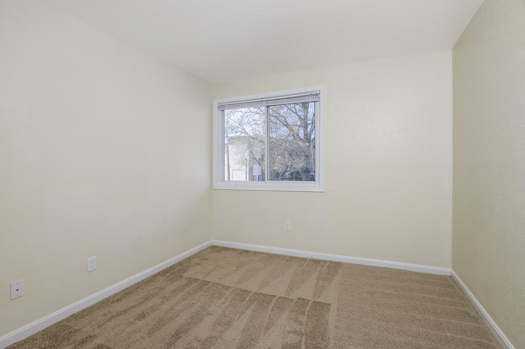 an empty room with carpet and a window