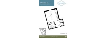 A floor plan for a studio apartment at Kanawha, a Davenport at the Waterside development.