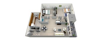 A 3D floor plan of a house with a kitchen, living room, dining room, and bedrooms.